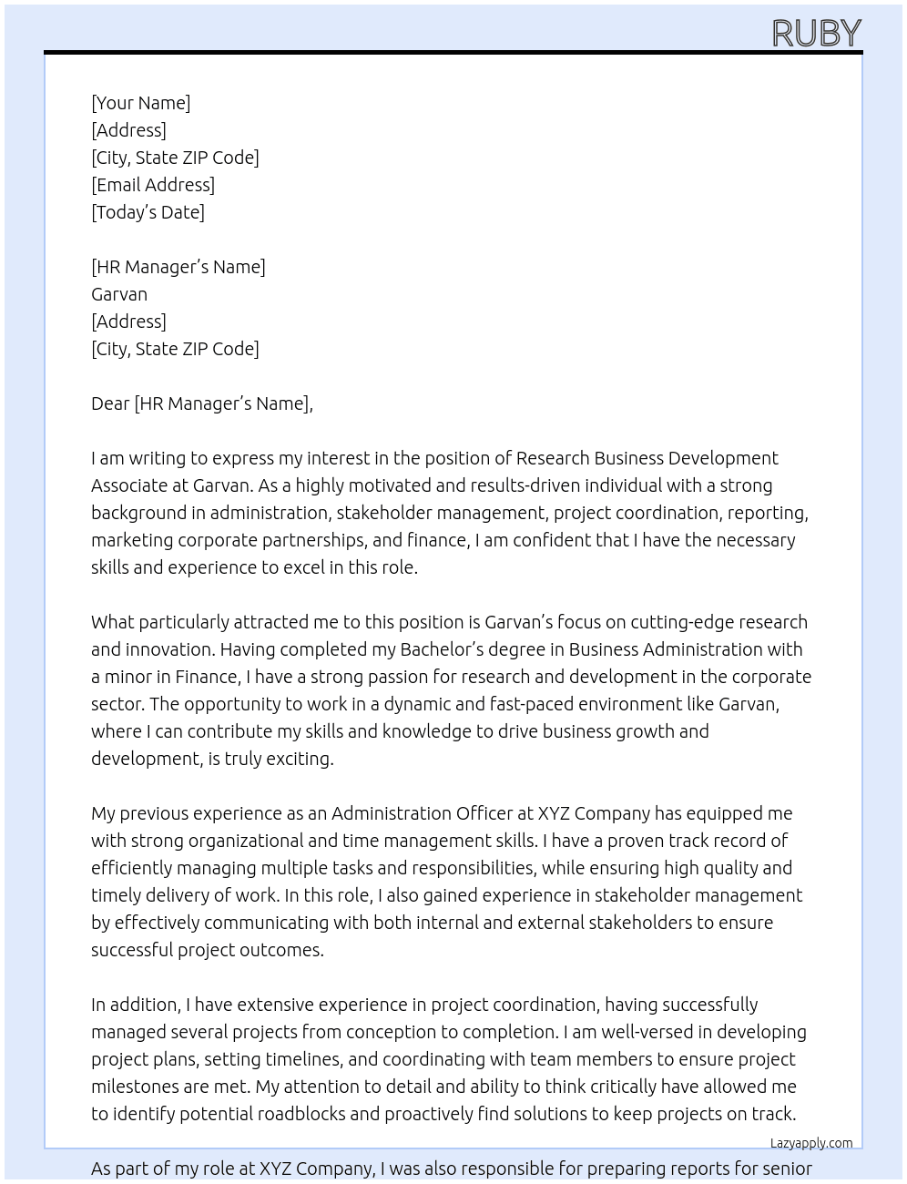 Research Business Development Associate At Garvan Cover Letter