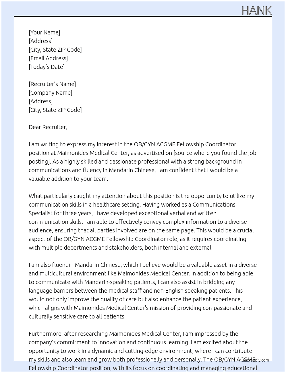 OB/GYN ACGME Fellowship Coordinator At Maimonides Medical Center Cover Letter