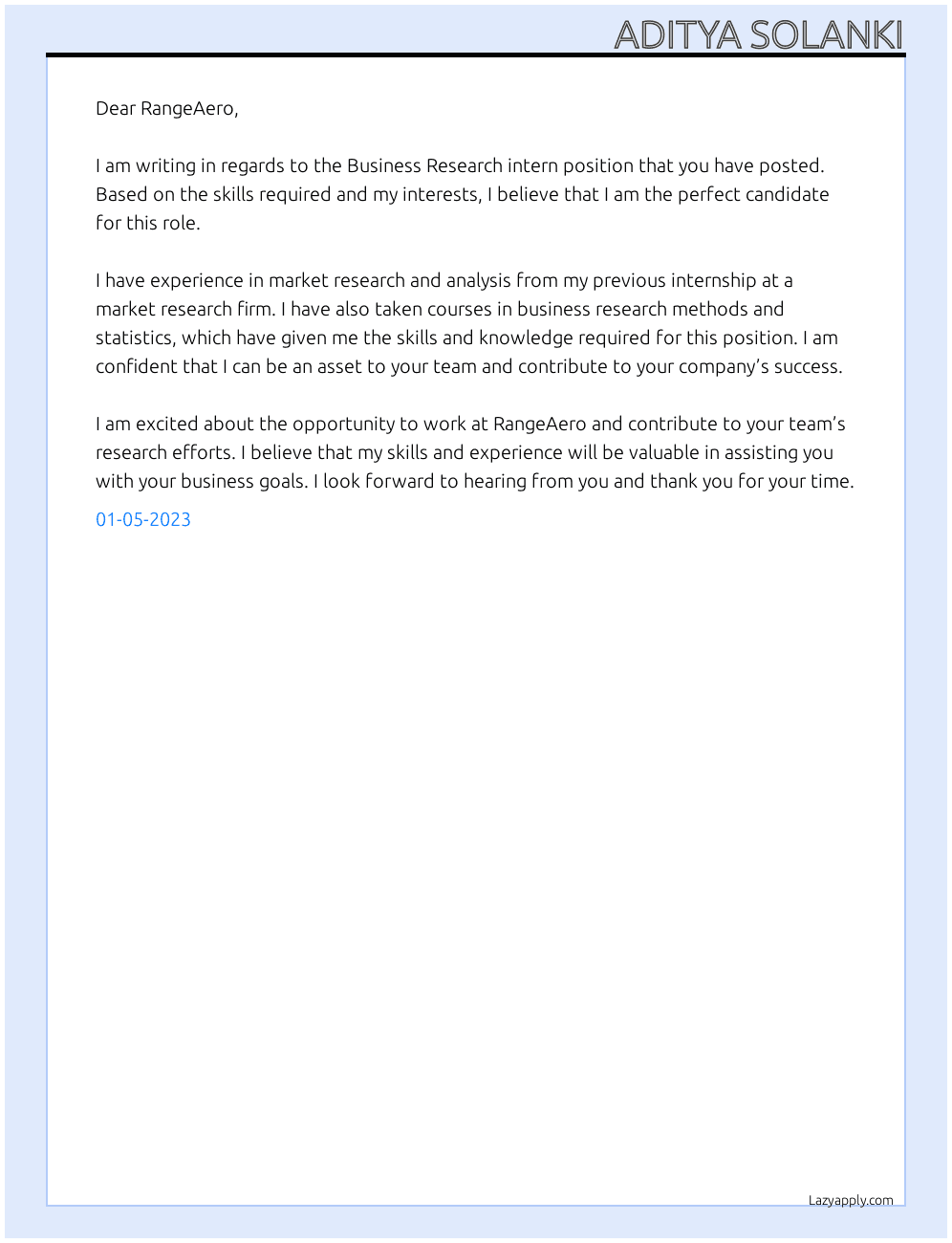 Business Research intern At RangeAero Cover Letter