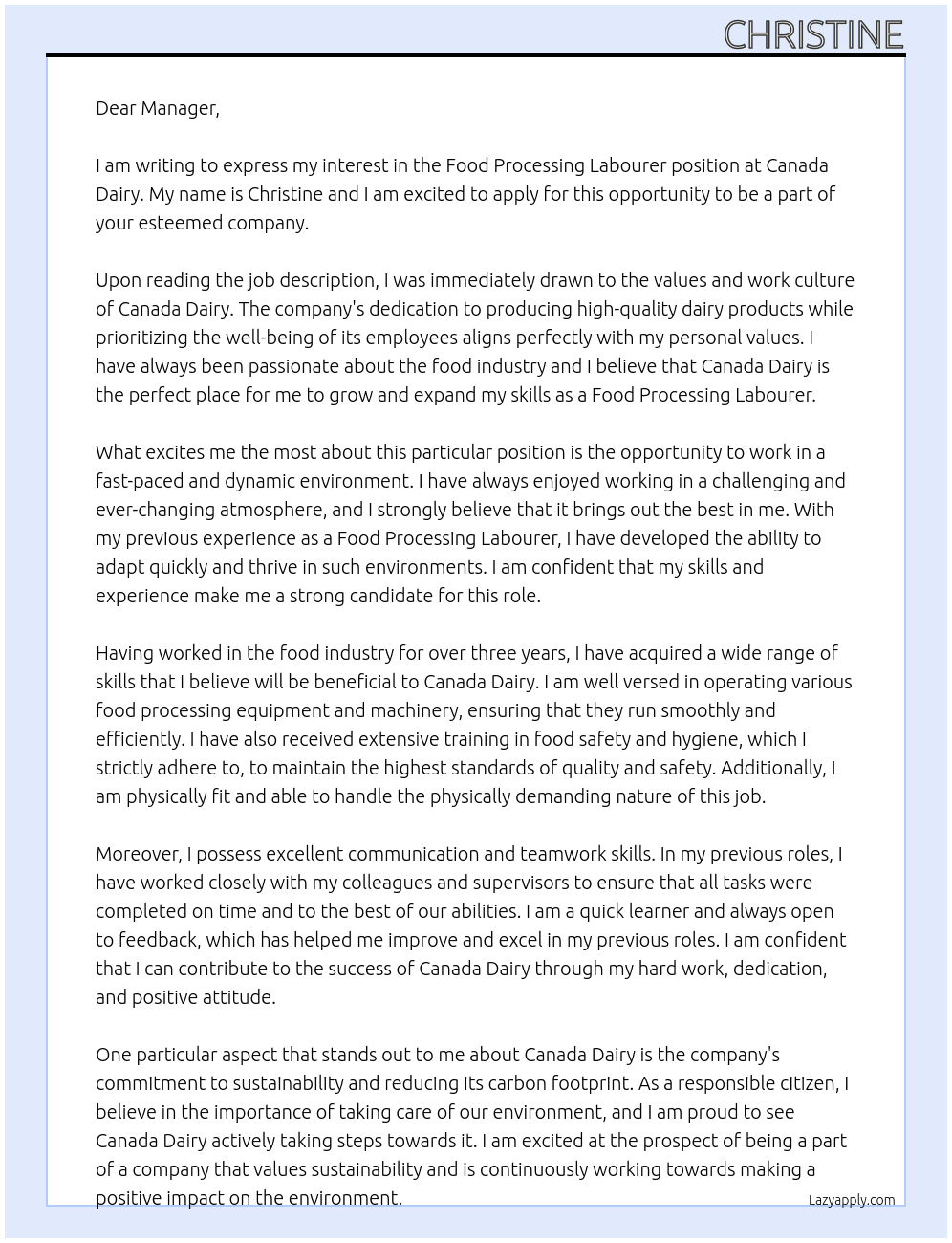 Food procssing labourer At canada dairy  Cover Letter