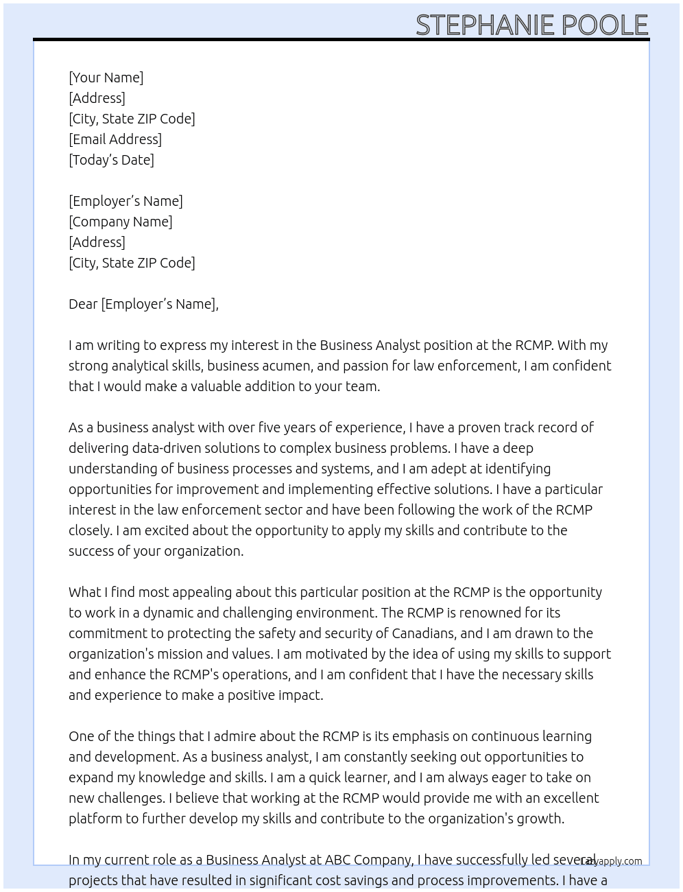Business Analyst At RCMP Cover Letter