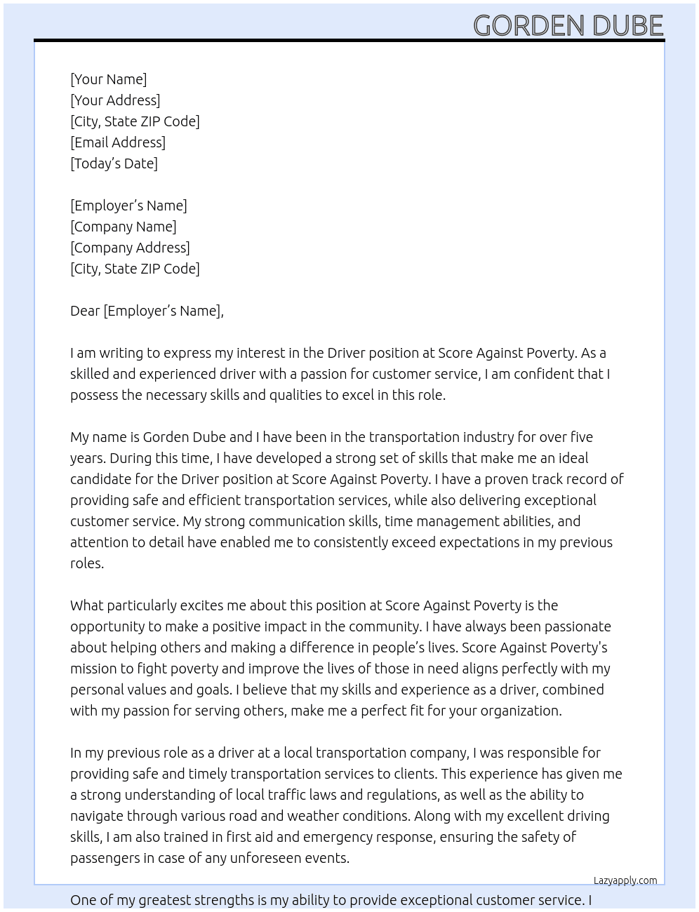 Driver At Score Against Poverty Cover Letter