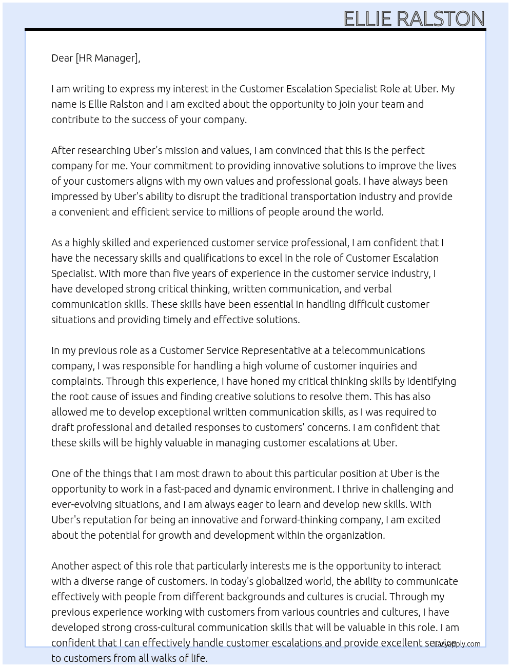 Customer Escalation Specialist Role At Uber Cover Letter