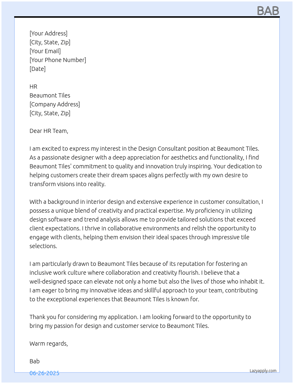 Cover letter for design consultant - LazyApply