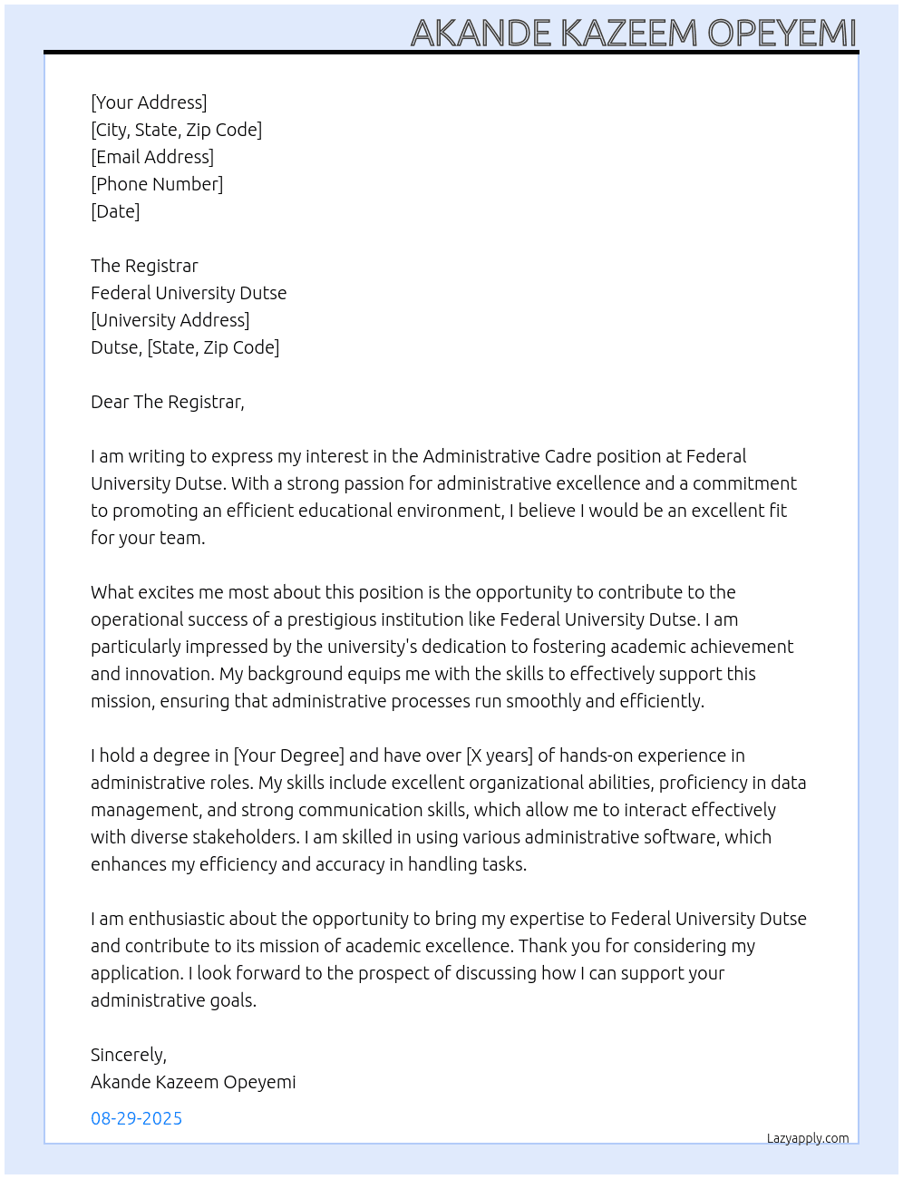 Cover letter for administrative cadre - LazyApply