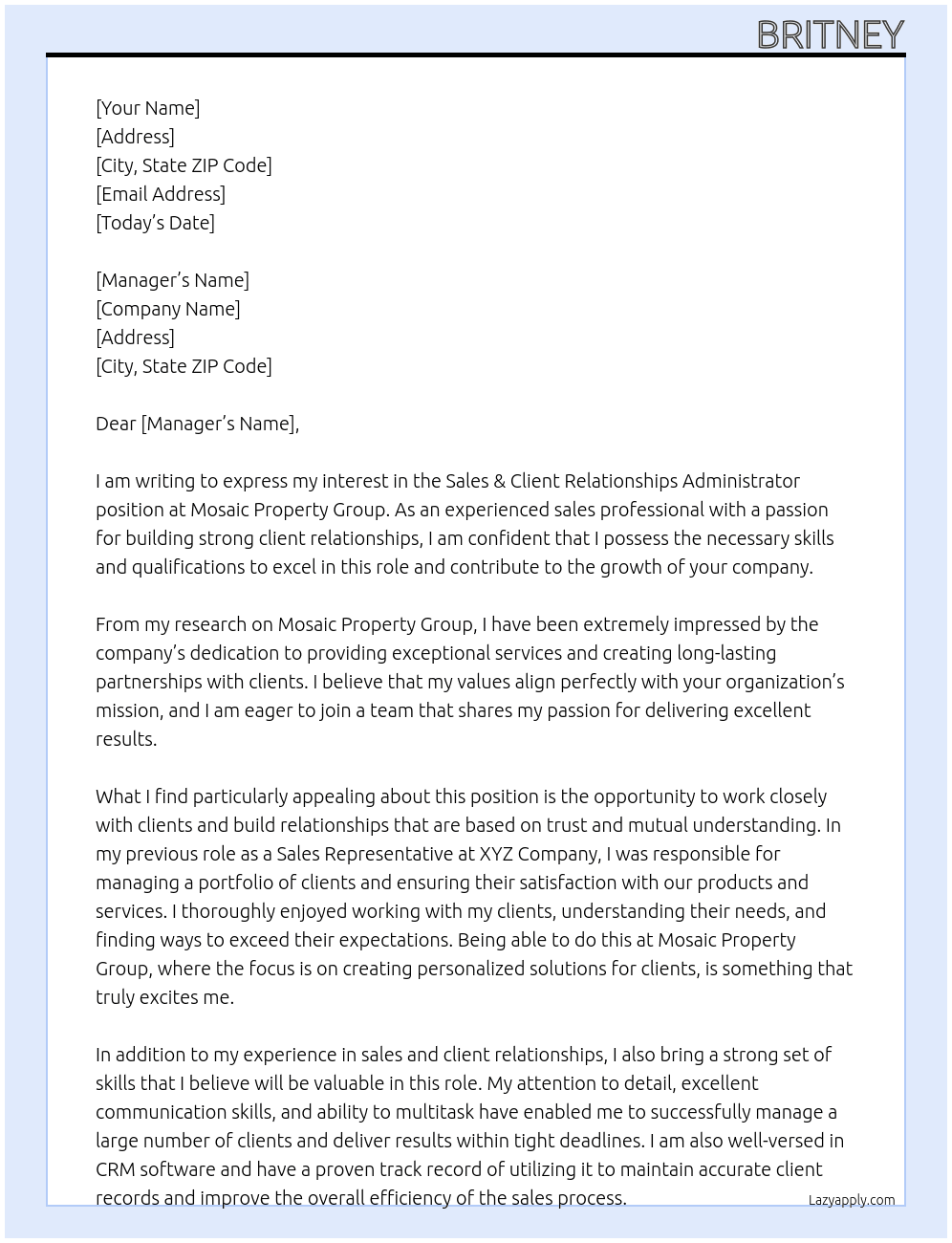 Sales & Client Relationships Administrator At Mosaic Property Group Cover Letter