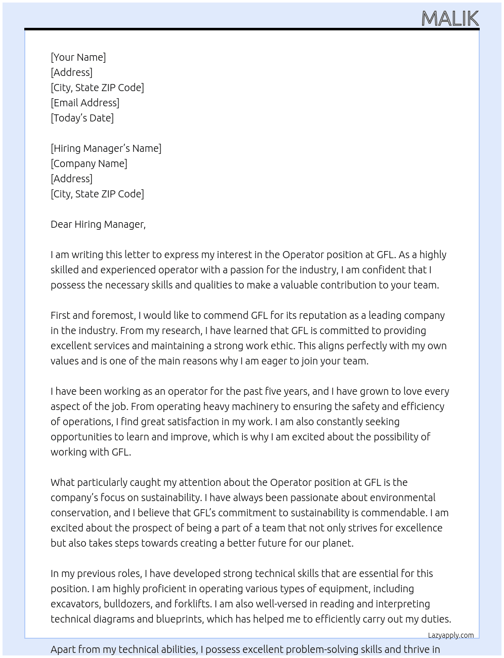 Operator At GFL Cover Letter