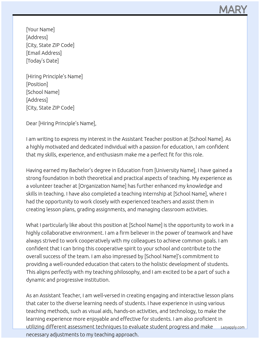 Assistant teacher At school Cover Letter