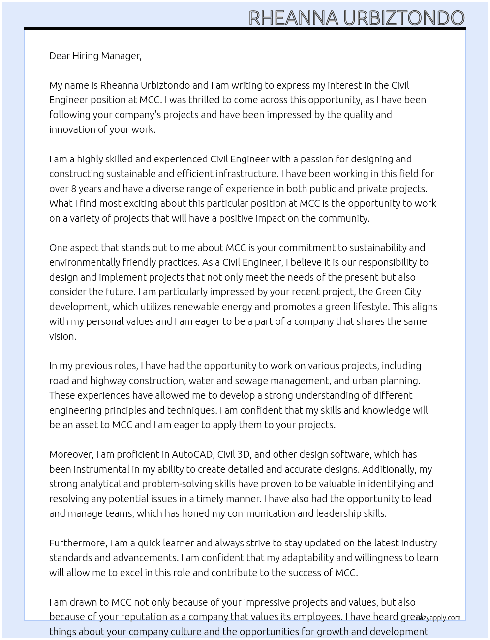 CIVIL ENGINEER At MCC Cover Letter