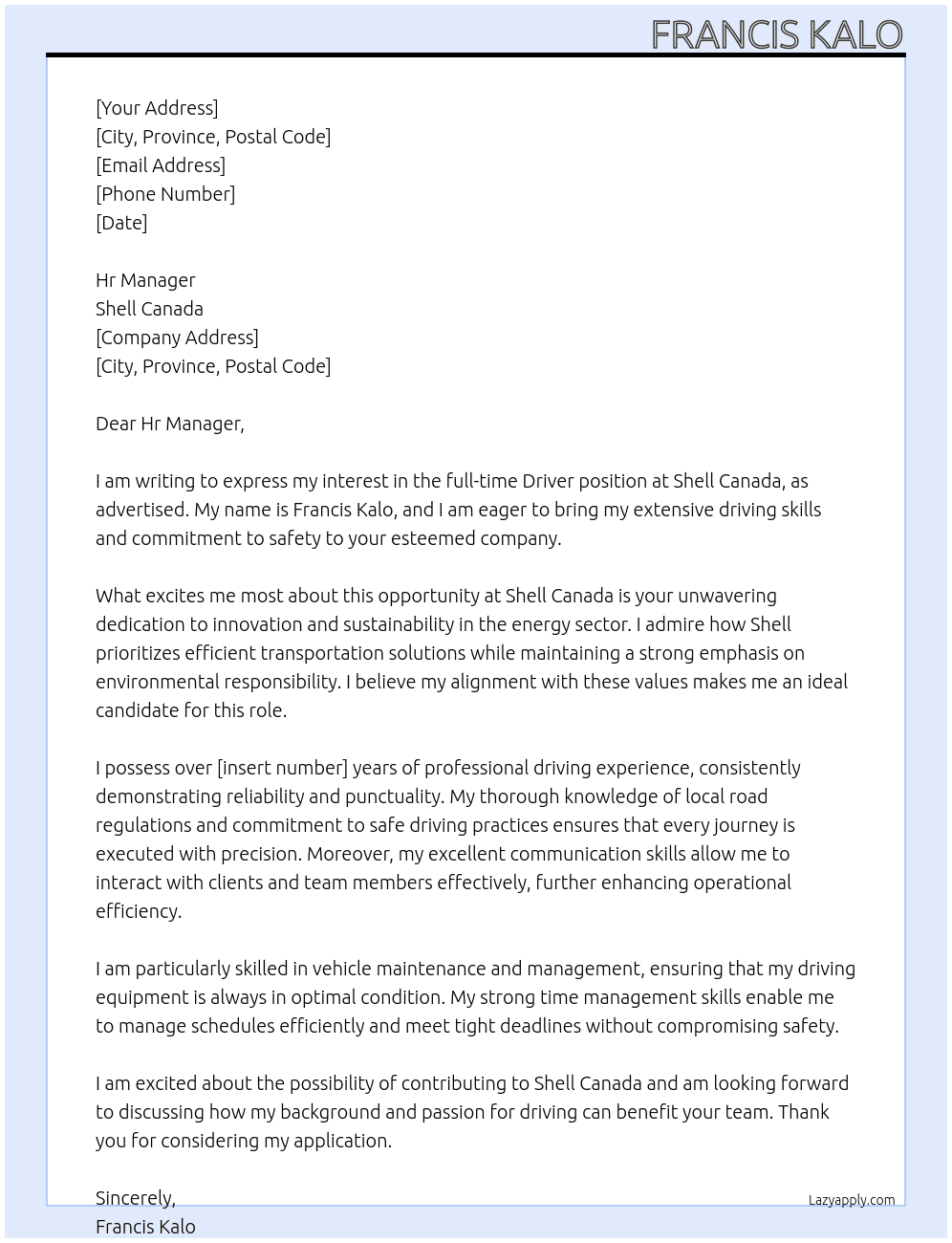 Driver At Shell Canada  Cover Letter
