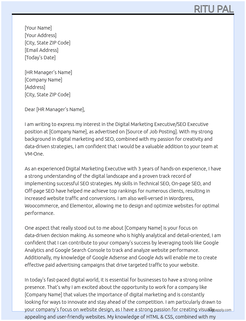 Digital Marketing Executive, SEO Executive At VM-One Cover Letter