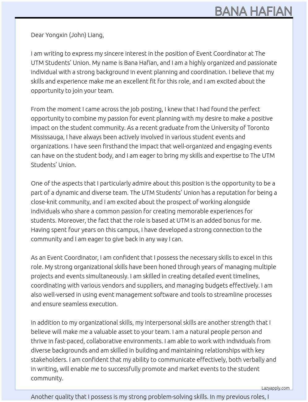 Event Coordinator At The UTM Students’ Union Cover Letter