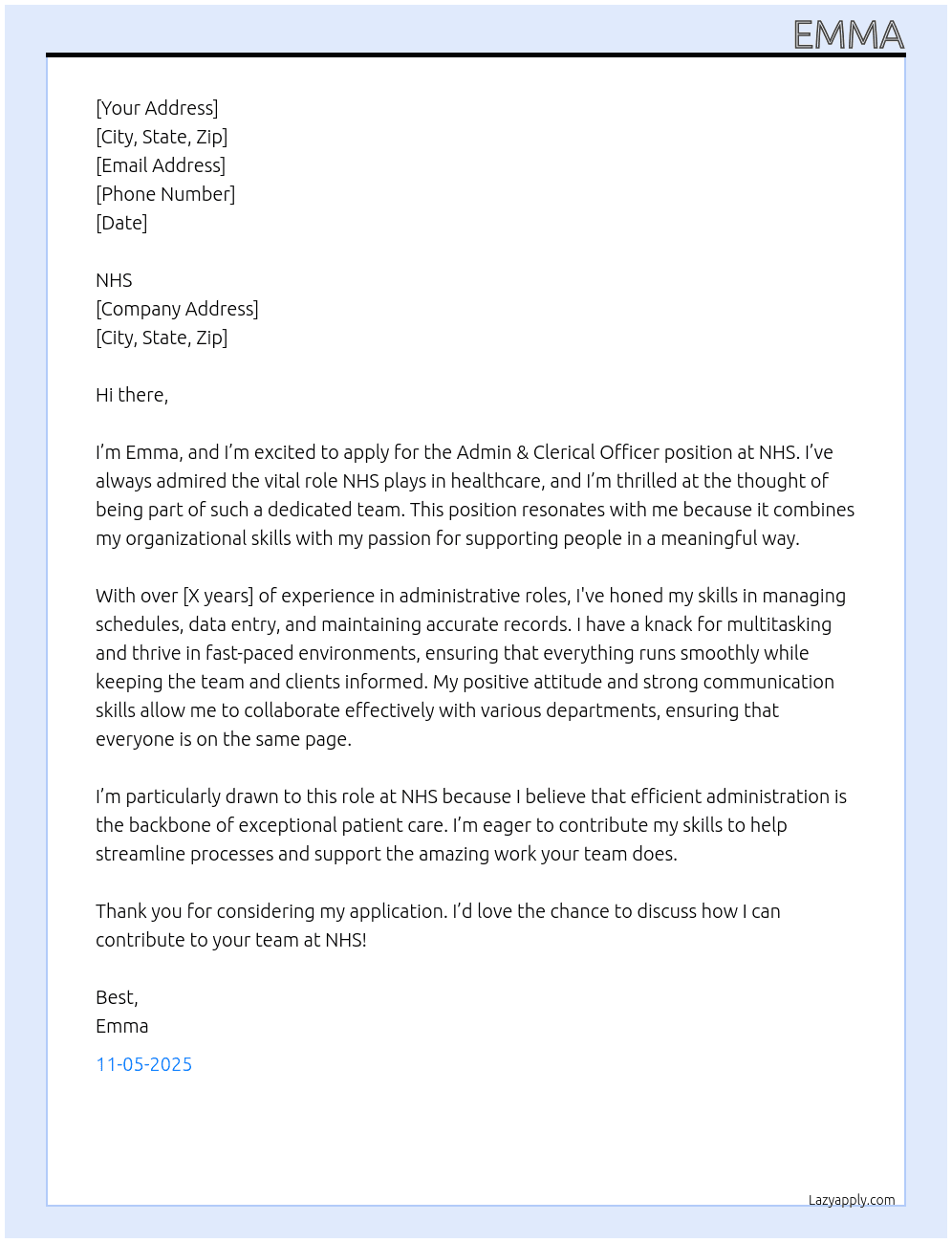 admin & clerical officer At nhs Cover Letter