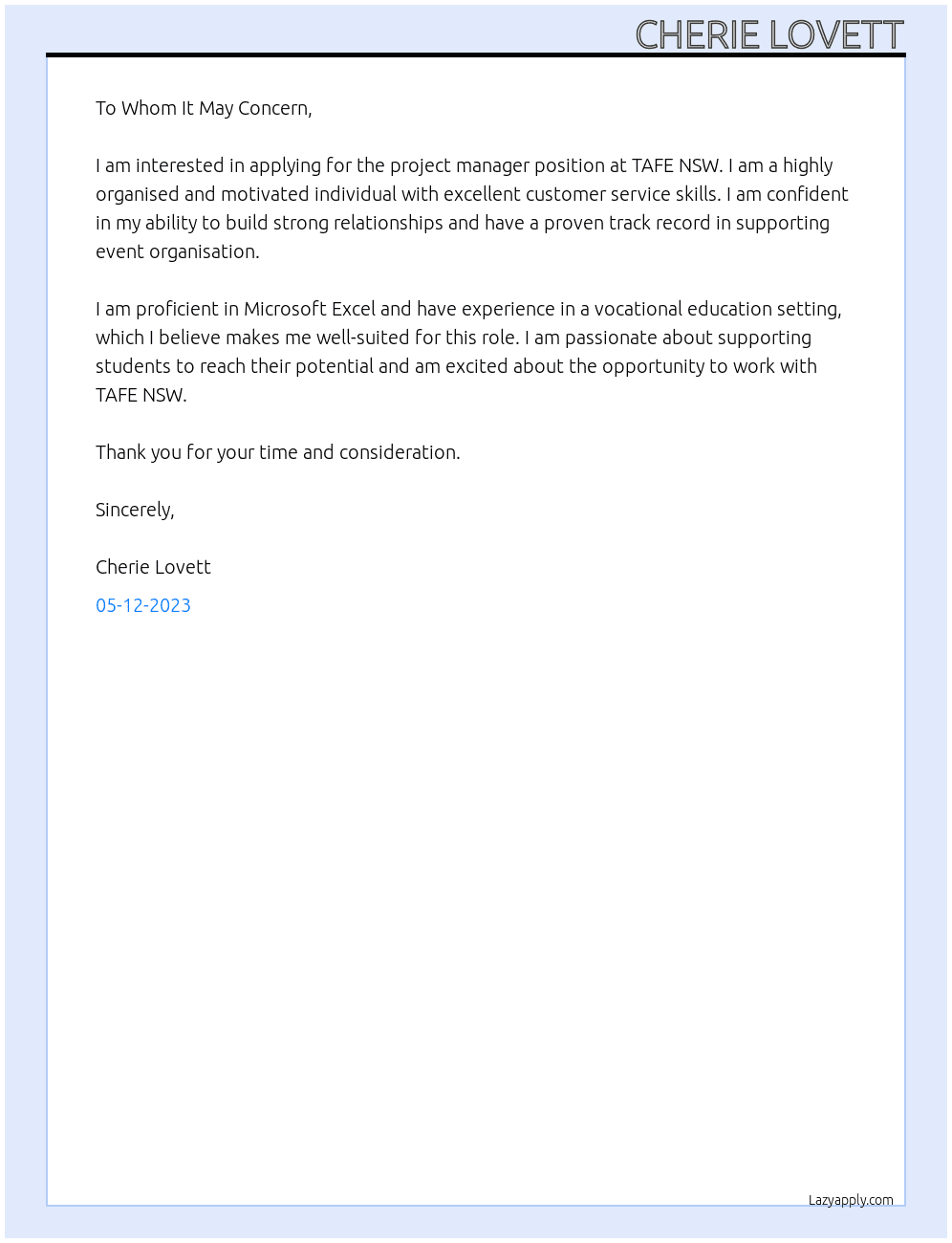 project manager At TAFE NSW Cover Letter