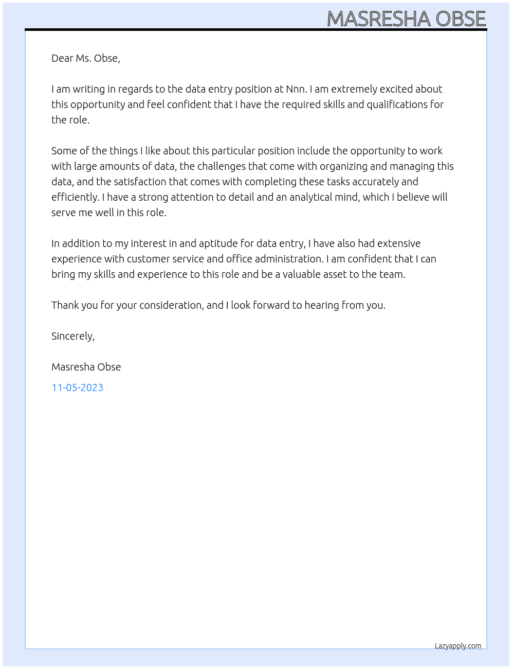 Data entry At Nnn Cover Letter