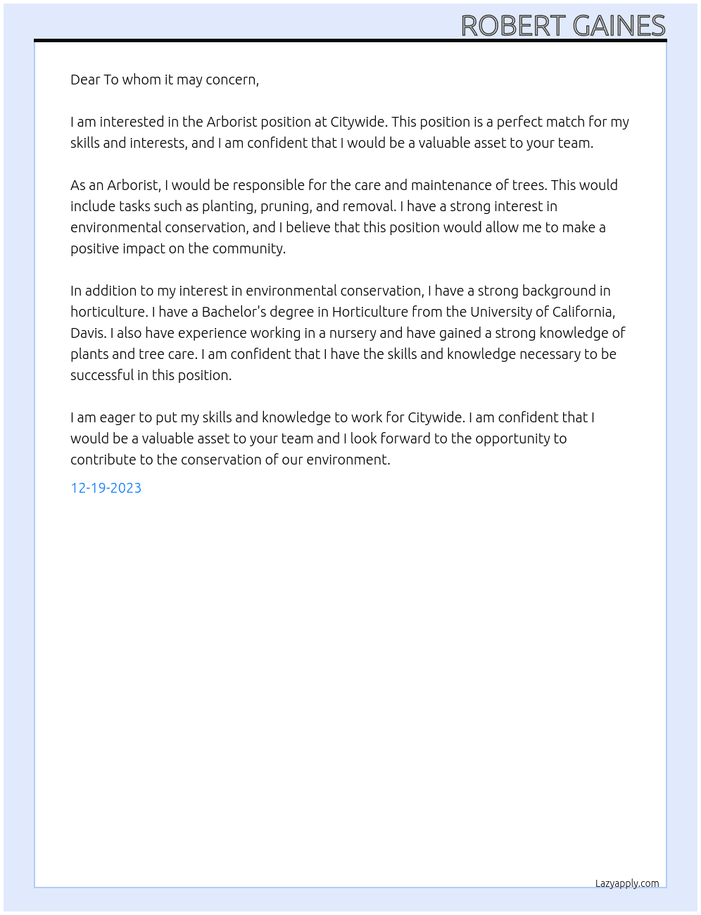 Arborist At Citywide Cover Letter