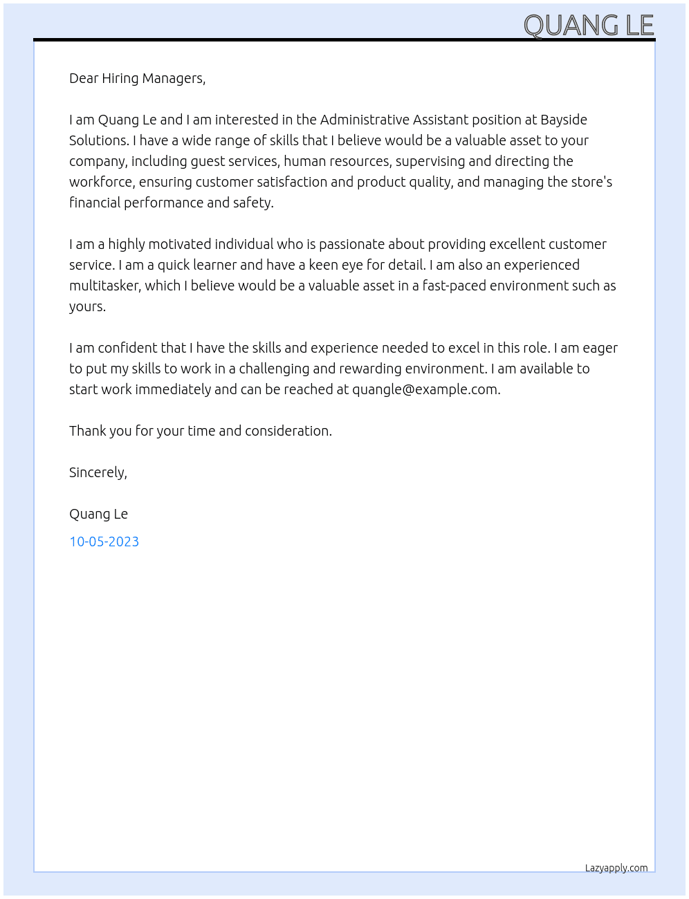Administrative Assistant At Bayside Solutions Cover Letter
