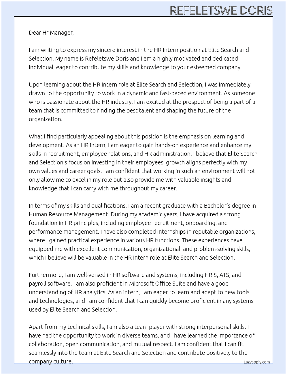Hr intern  At Elite search and selection  Cover Letter