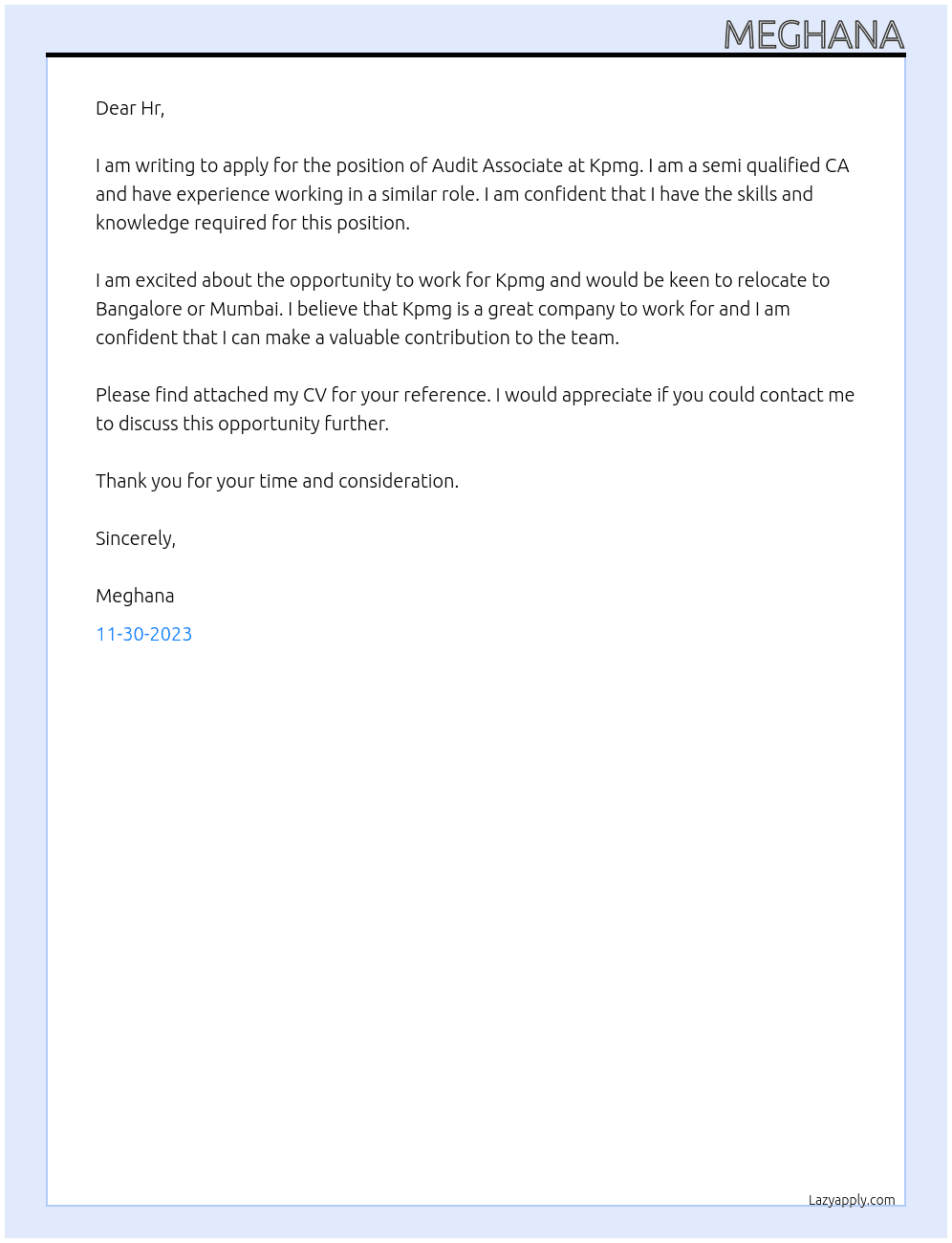 Audit Associate  At Kpmg Cover Letter