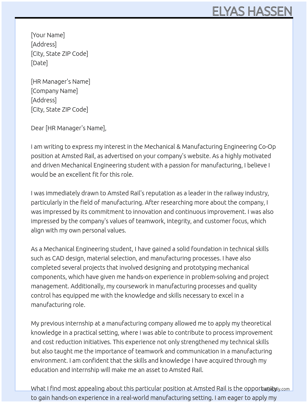 Mechanical & Manufacturing Engineering Co-Op At Amsted Rail Cover Letter