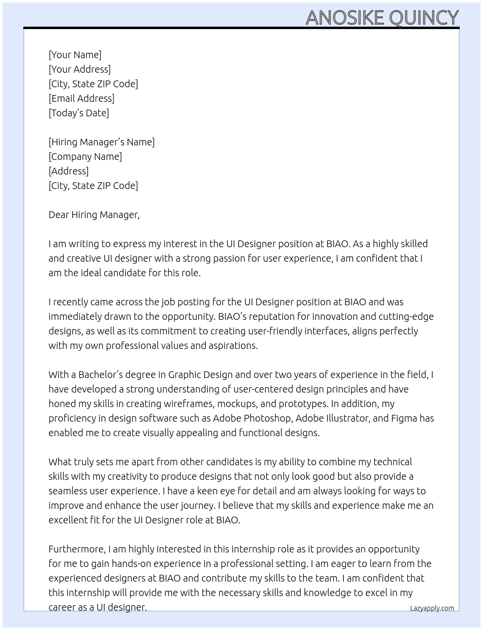 UI designer At BIAO Cover Letter