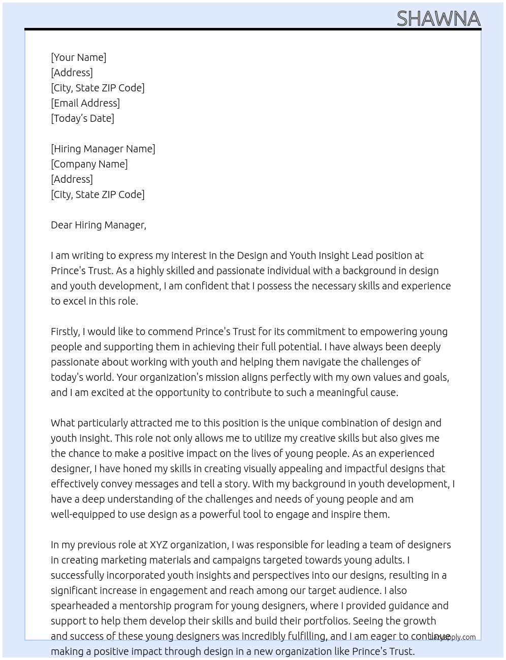 Design and Youth Insight Lead  At Prince's Trust  Cover Letter