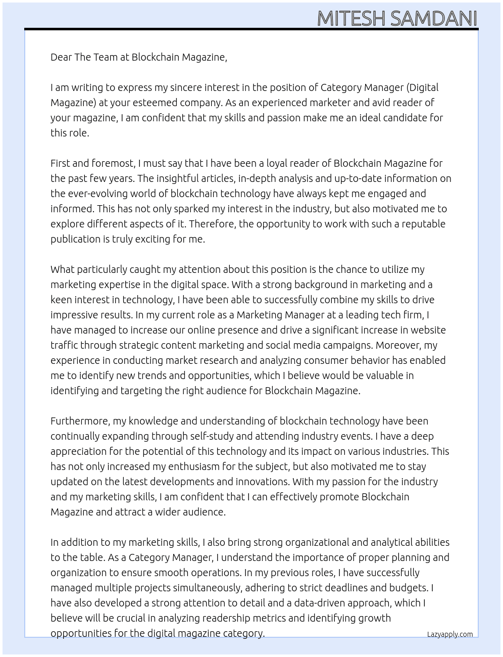 Category Manager (Digital Magazine) At Blockchain Magazine Cover Letter