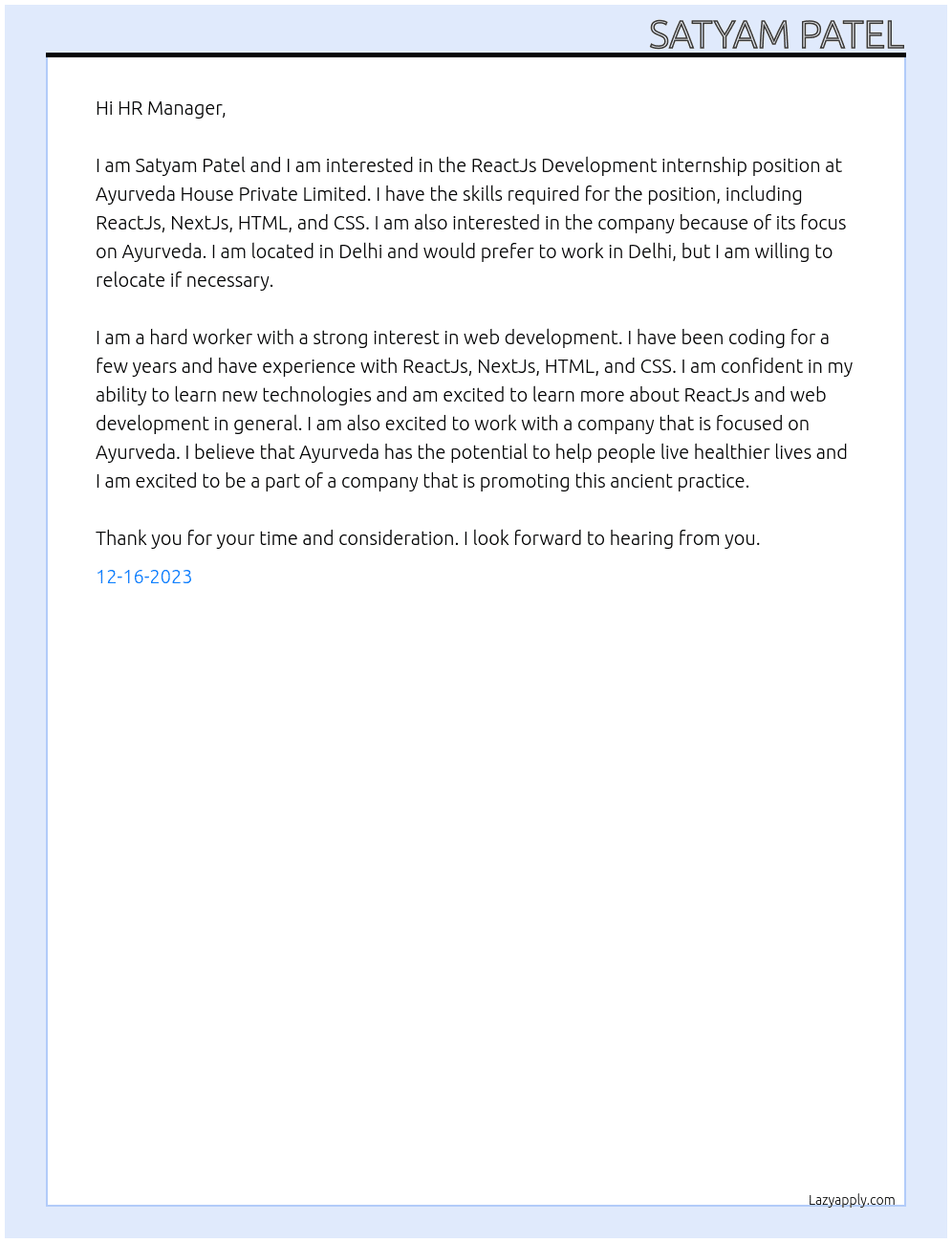 ReactJs Development internship At Ayurveda House Private Limited Cover Letter