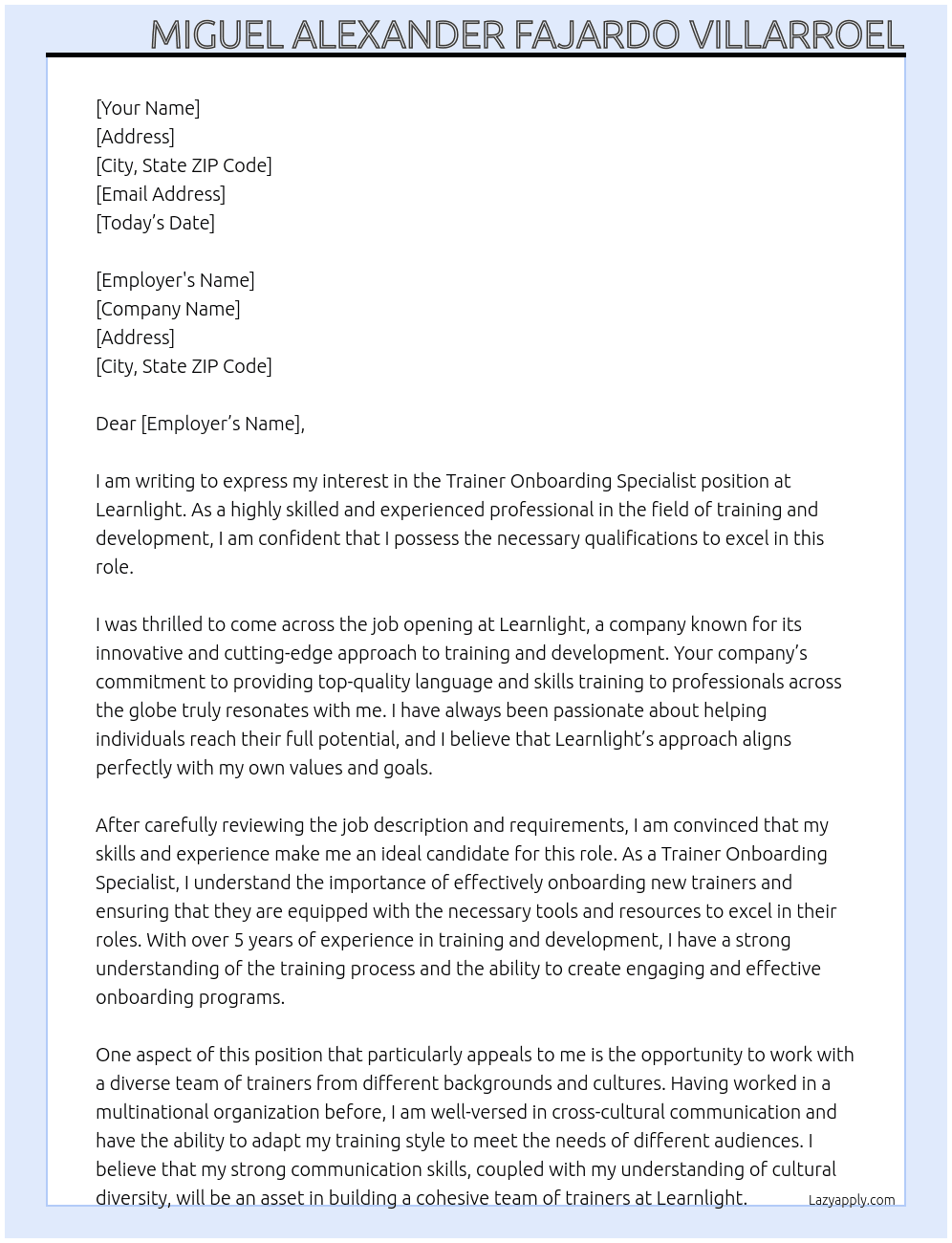 	 Trainer Onboarding Specialist At Learnlight Cover Letter
