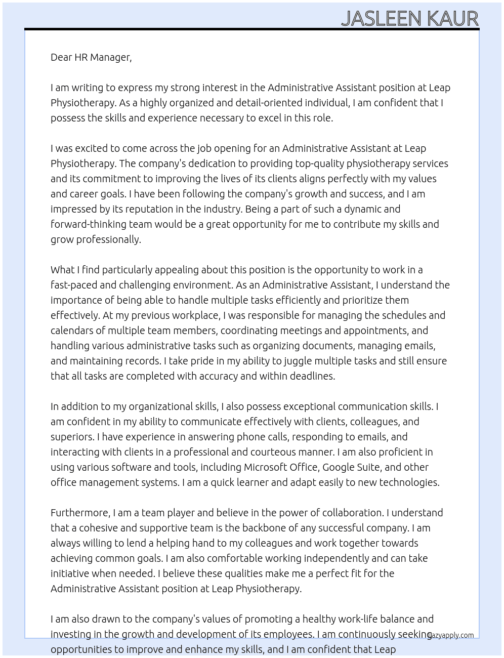 Administrative Assistant At Leap physiotherapy Cover Letter