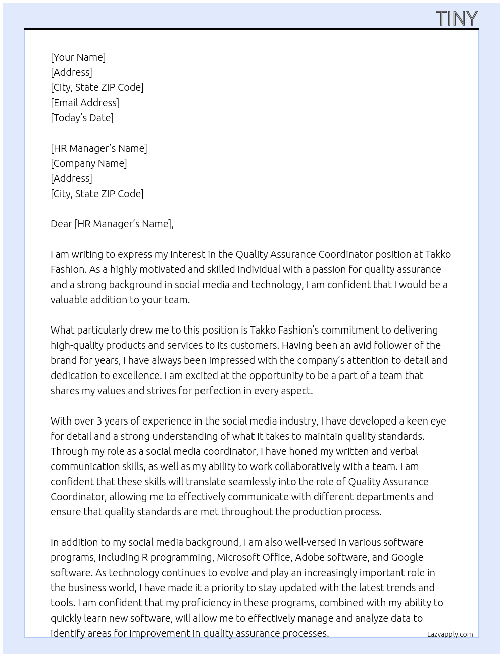 Quality Assurance Coordinator At Takko Fashion Cover Letter