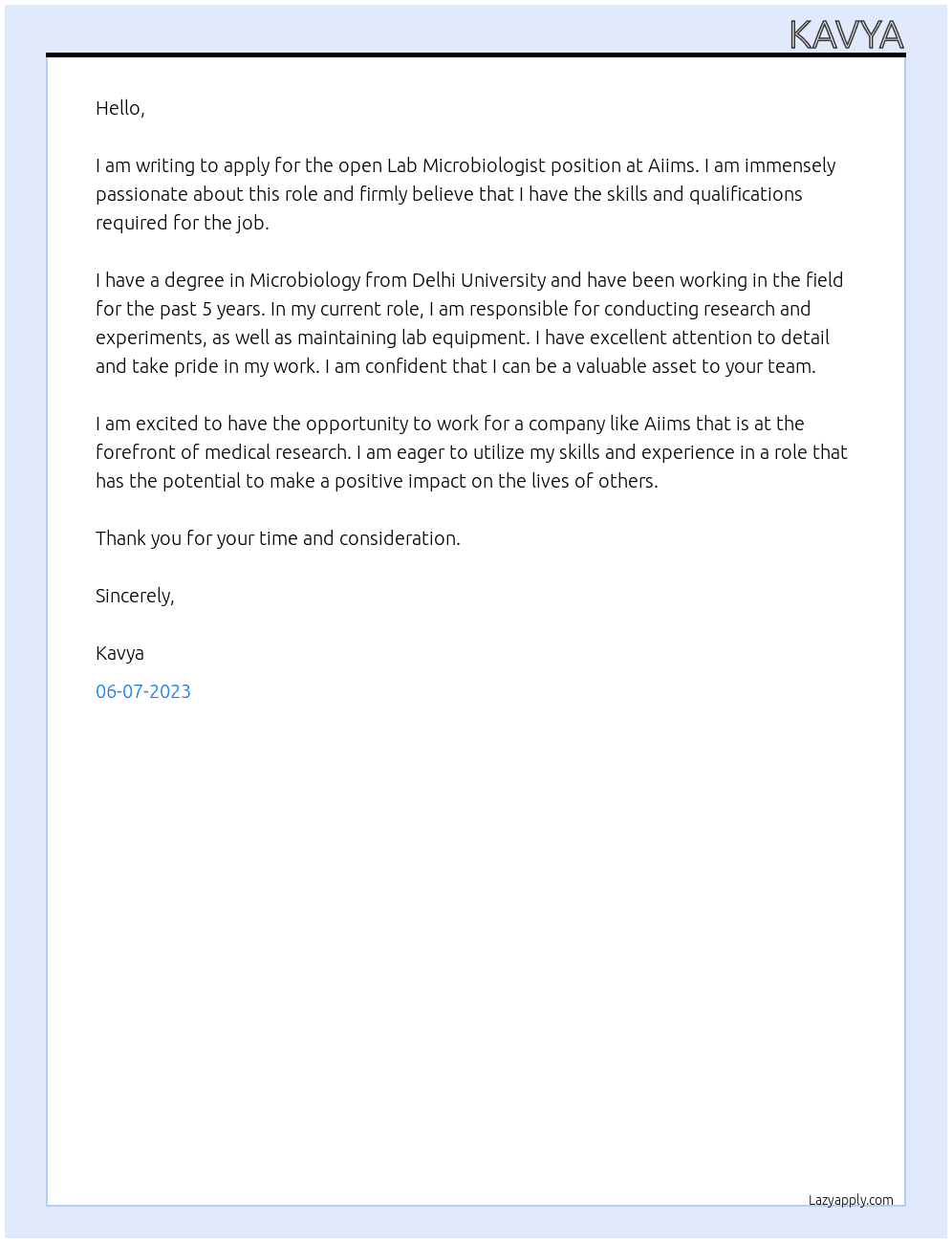 Lab microbiologist At Aiims Cover Letter