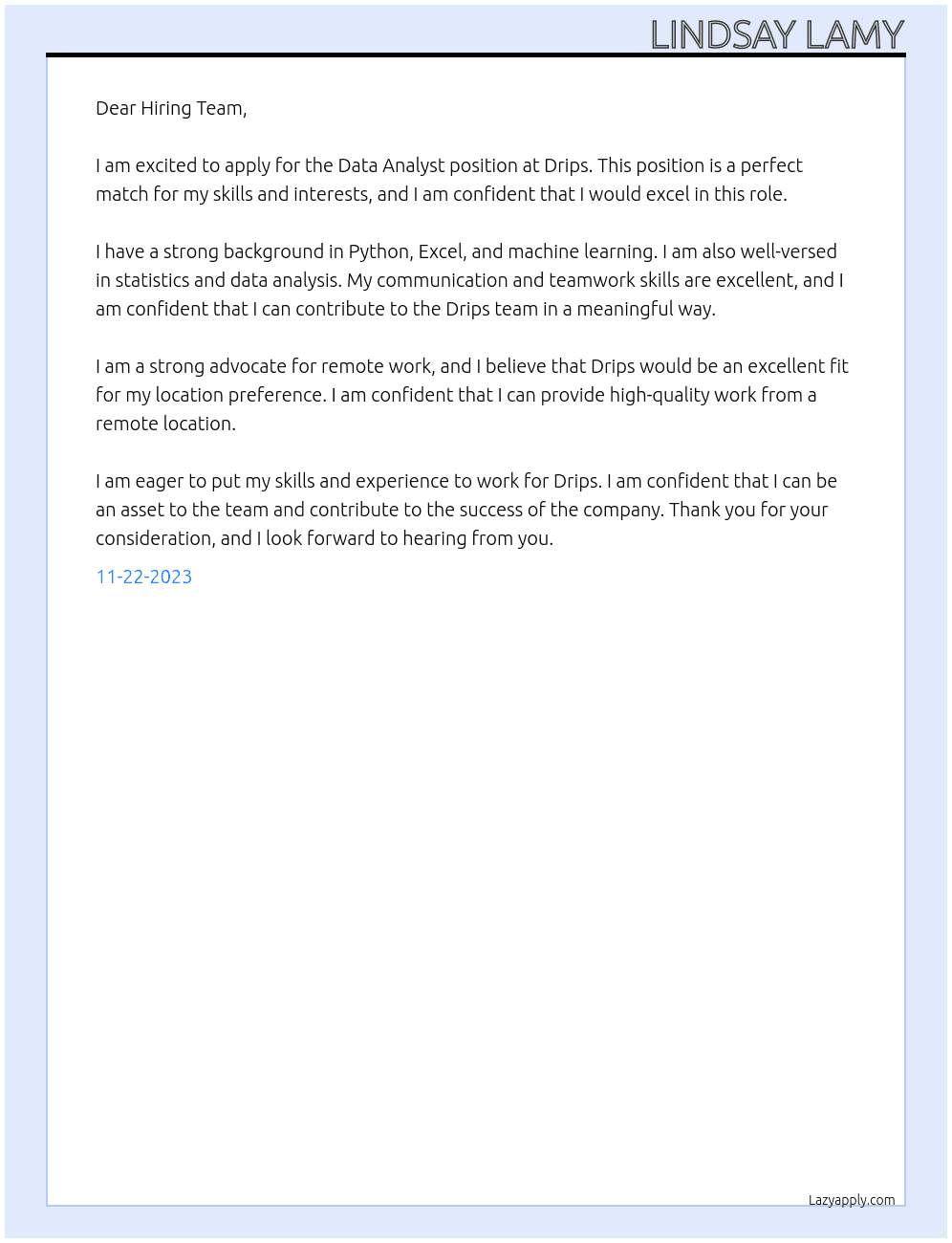 Data Analyst At Drips Cover Letter
