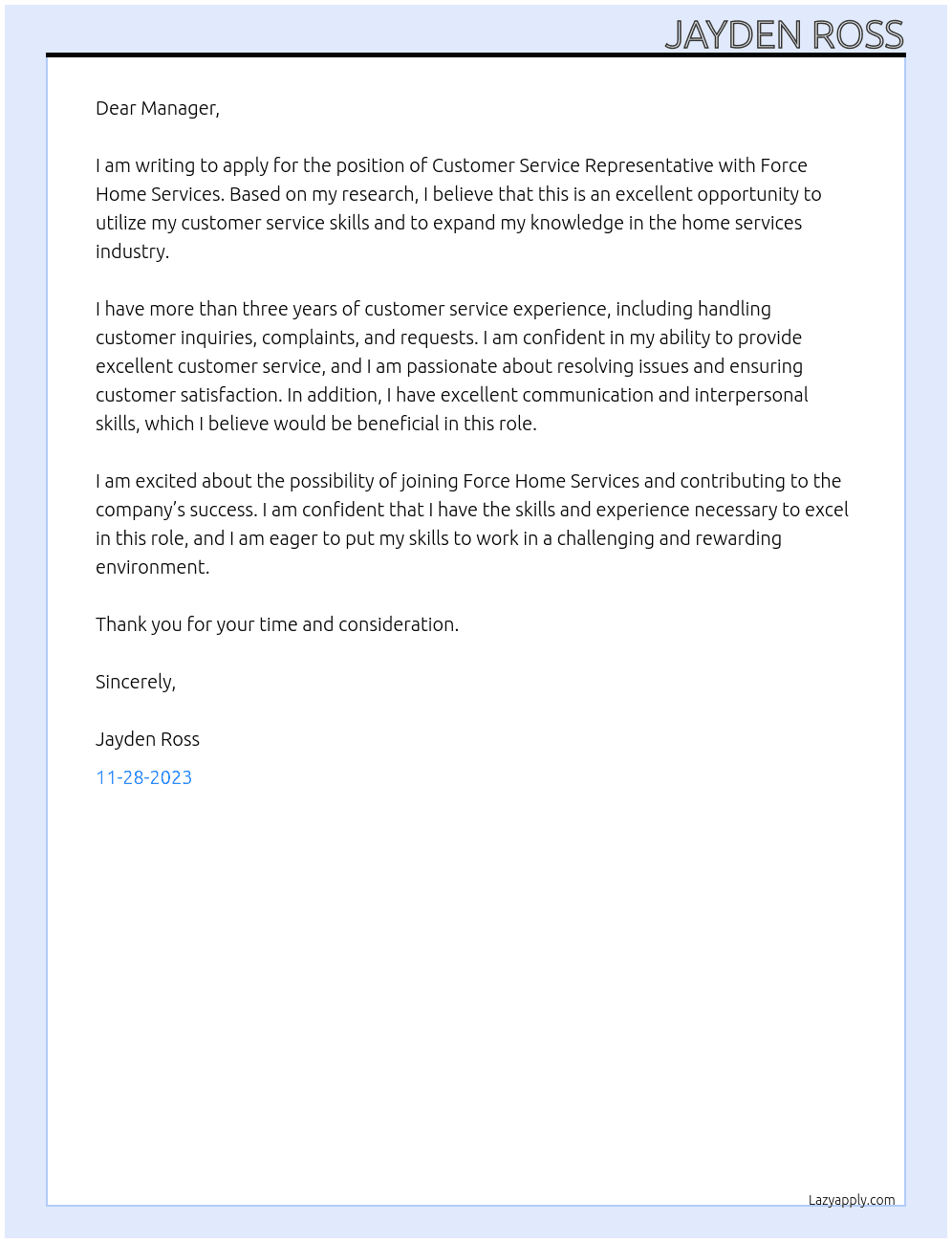 Customer Service Representative At Force Home Services Cover Letter