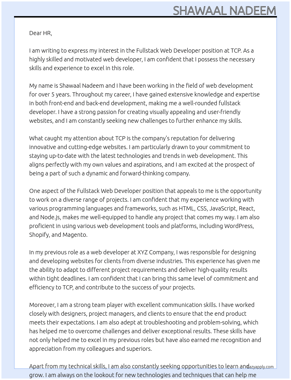Cover letter for fullstack web developer - LazyApply