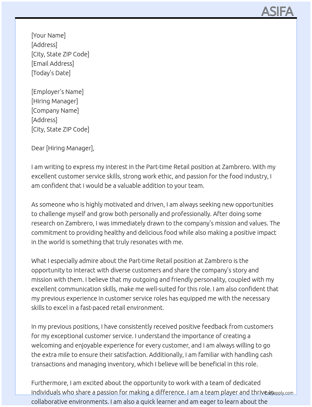 Part-time Retail At zambrero  Cover Letter