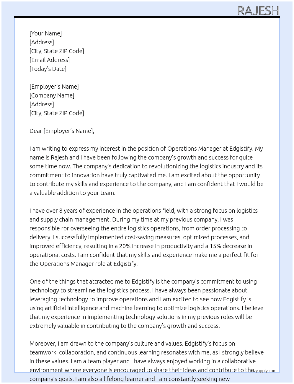 Operation manager At Edgistify Cover Letter