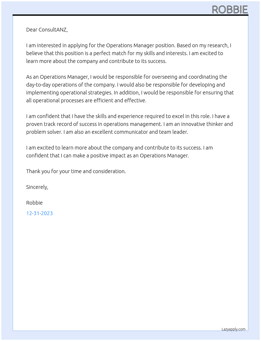 Operations manager At ConsultANZ Cover Letter