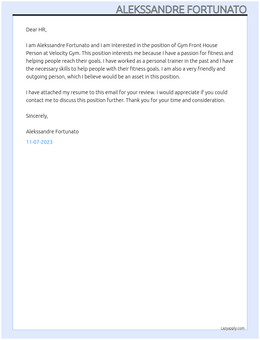Gym Front House Person At Velocity Gym Cover Letter