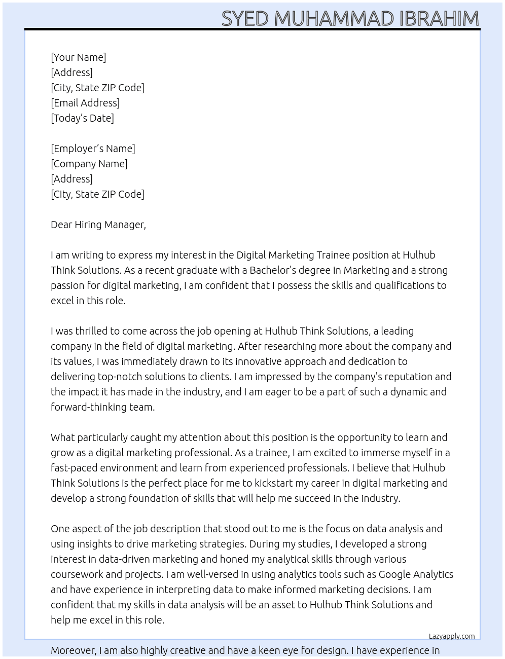 Digital marketing trainee At Hulhub think solutions Cover Letter