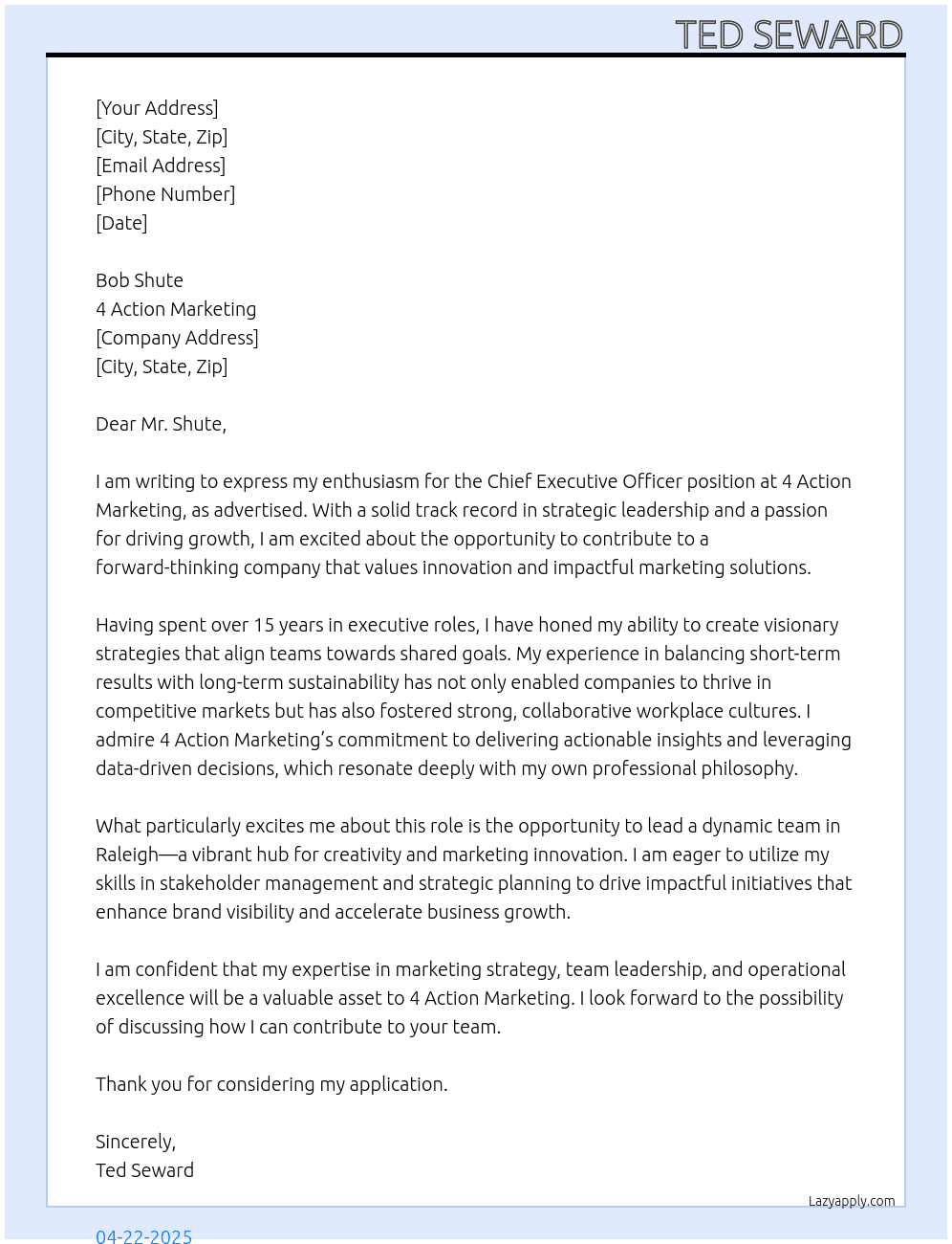 Chief Executive Officer At 4 Action Marketing Cover Letter