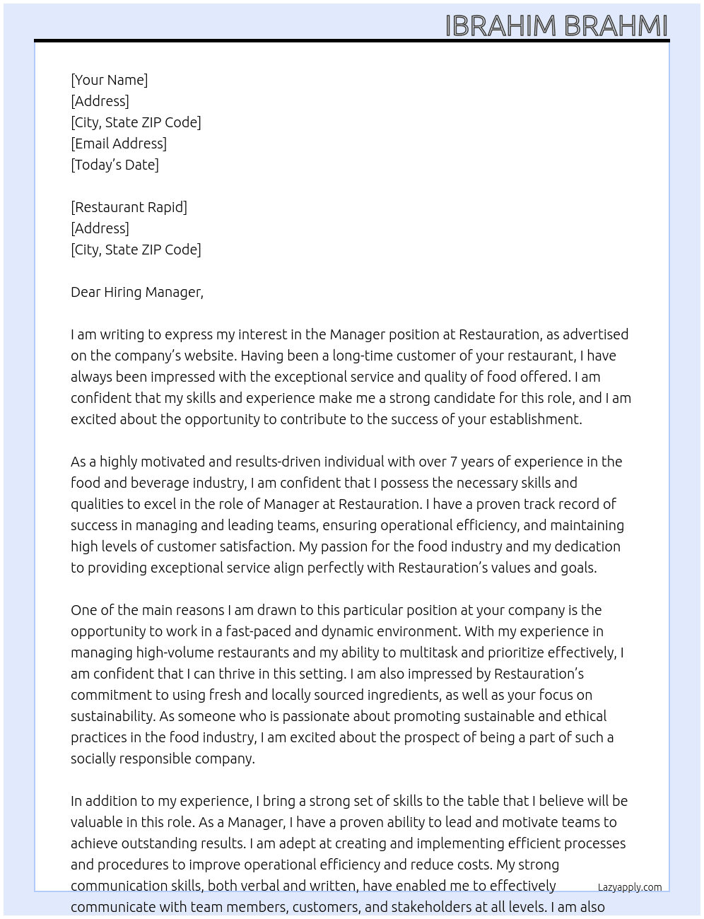 Manager At Restauration  Cover Letter
