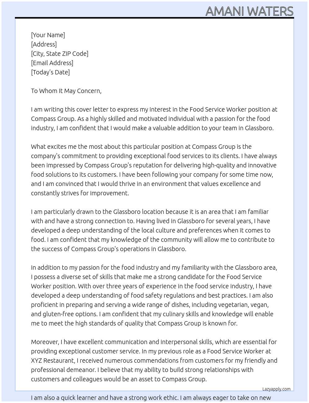 Food Service Worker At Compass Group Cover Letter
