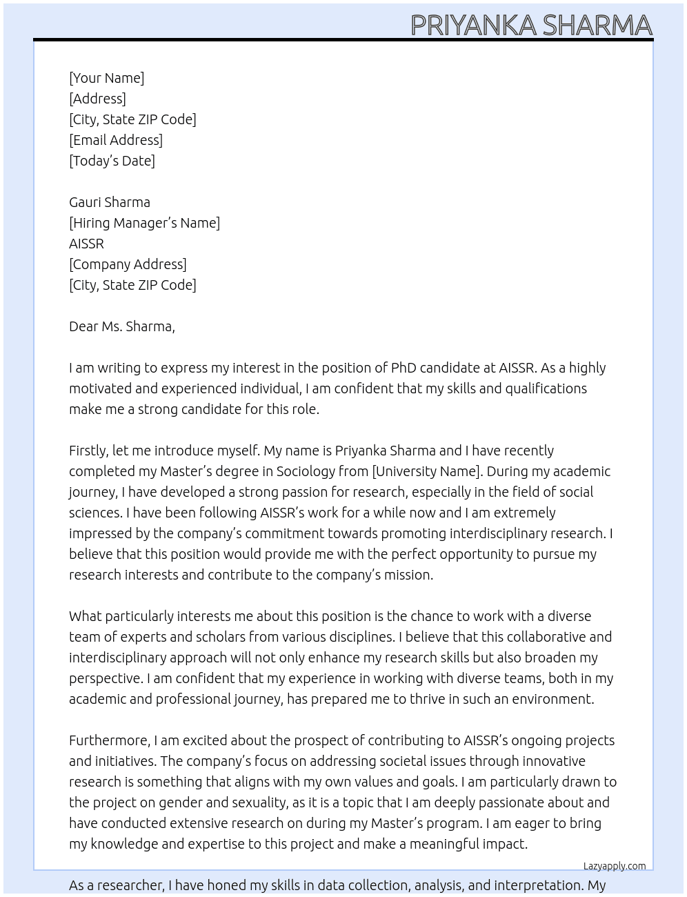 phd candidate At AISSR Cover Letter