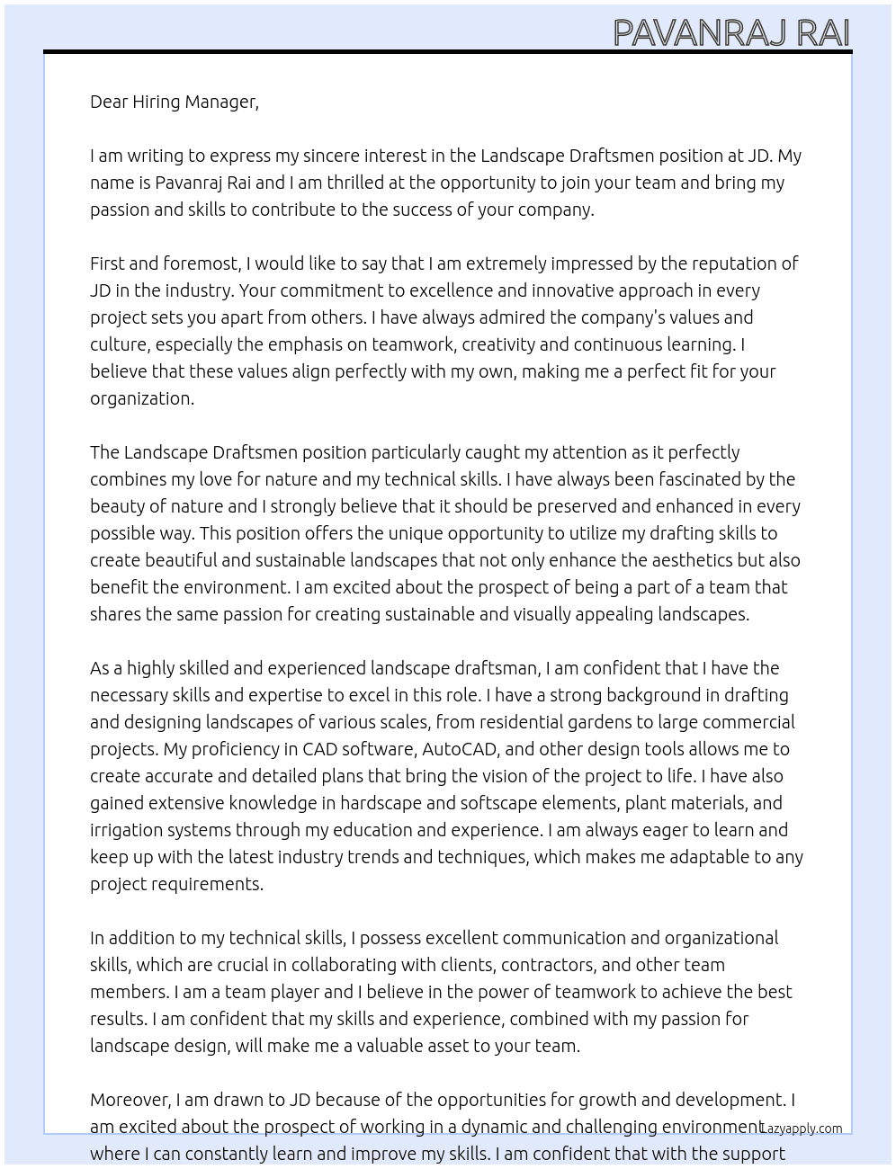 Landscape draftsmen At JD  Cover Letter