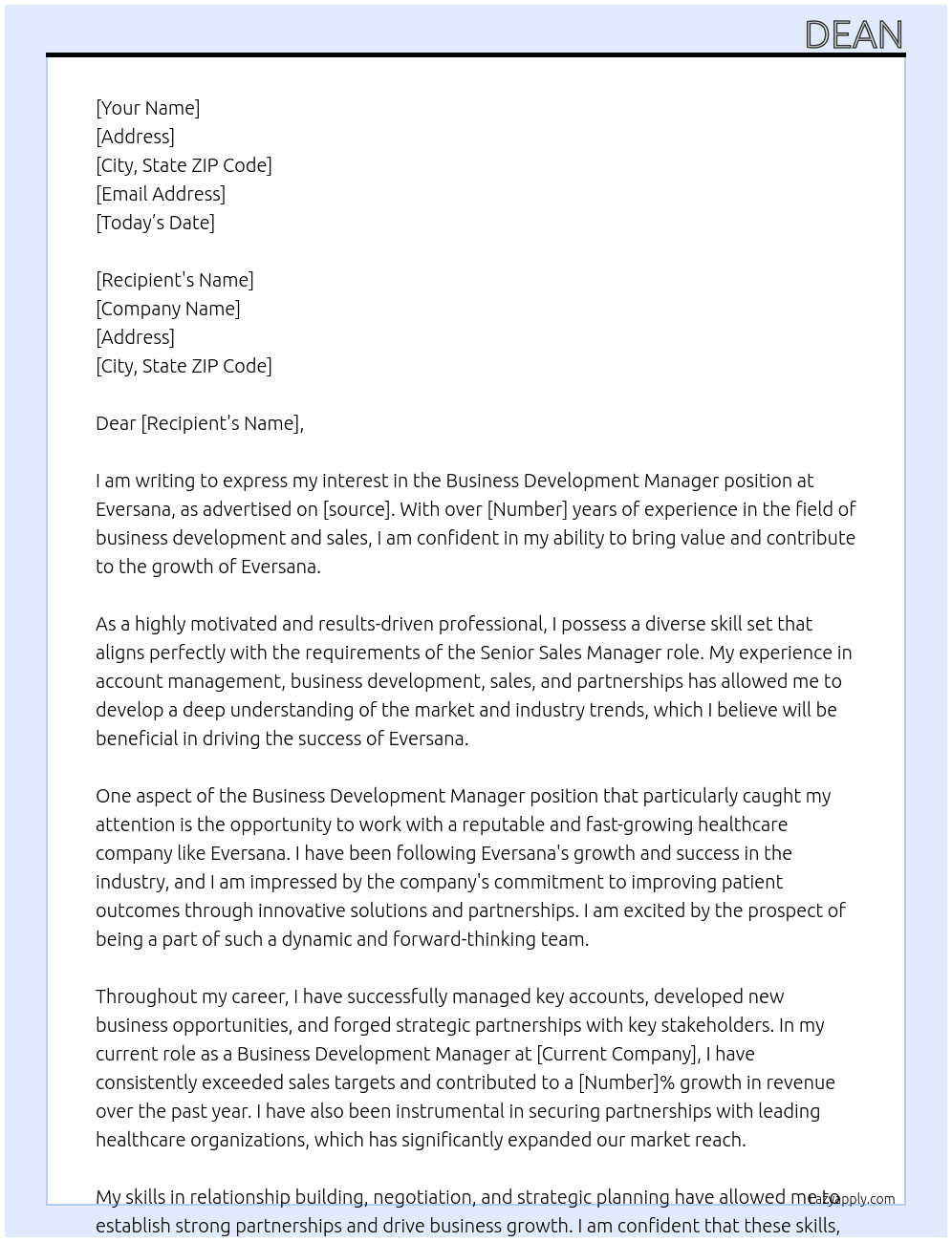 Business Development Manager At Eversana Cover Letter