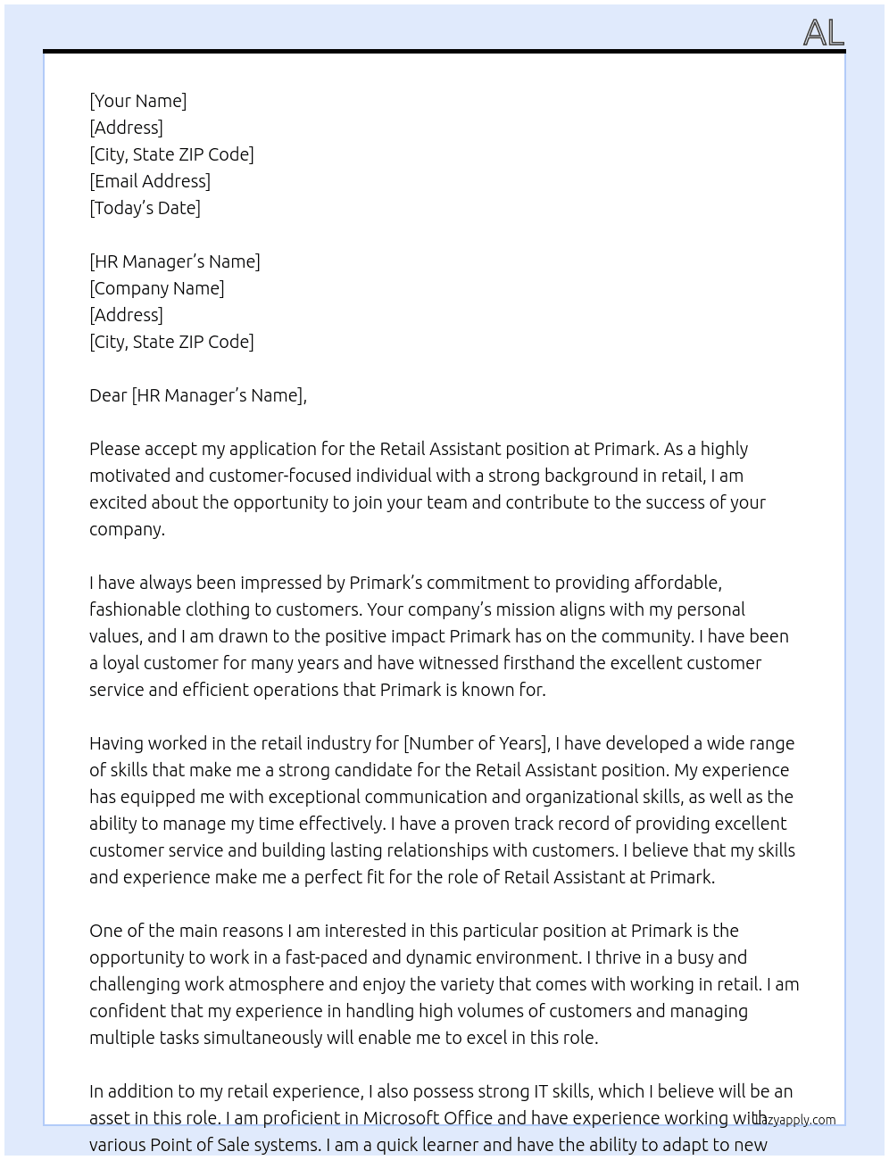 Retail Assistant  At Primark Cover Letter