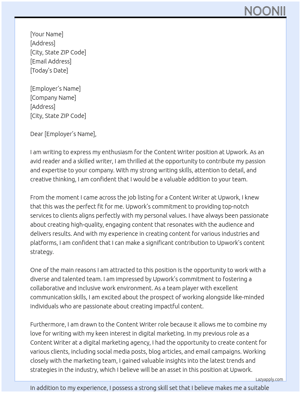 Content writer At upwrok  Cover Letter