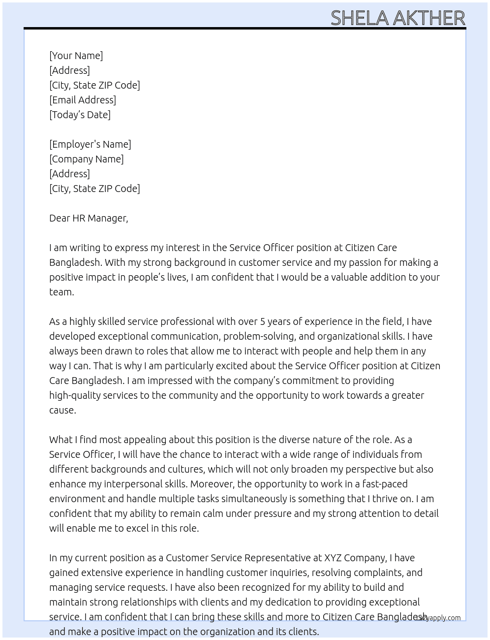 Service Officer At Citizen Care Bangladesh Cover Letter