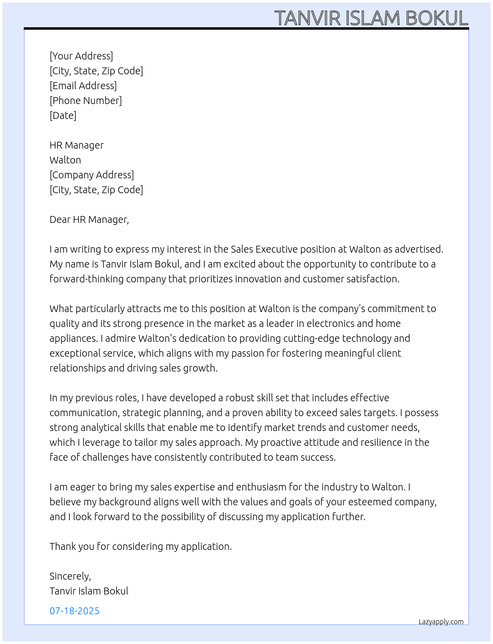 sales executive At Walton Cover Letter